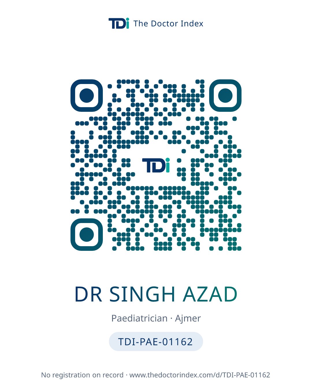QR card for Dr Singh Azad, TDI-PAE-01162