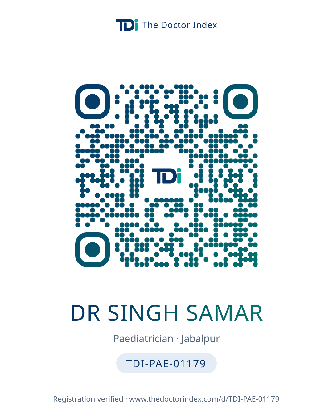 QR card for Dr Singh Samar, TDI-PAE-01179