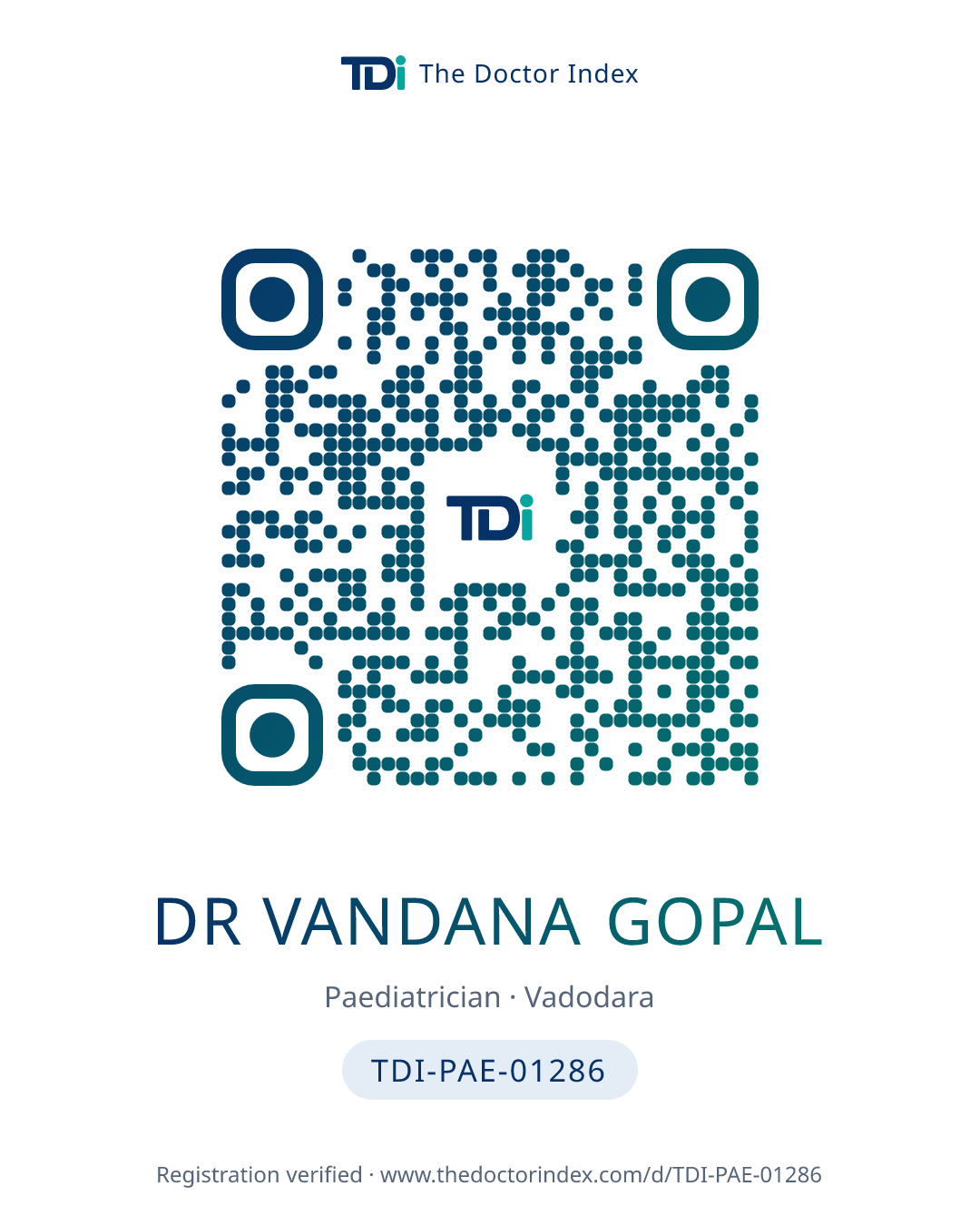 QR card for Dr Vandana Gopal, TDI-PAE-01286