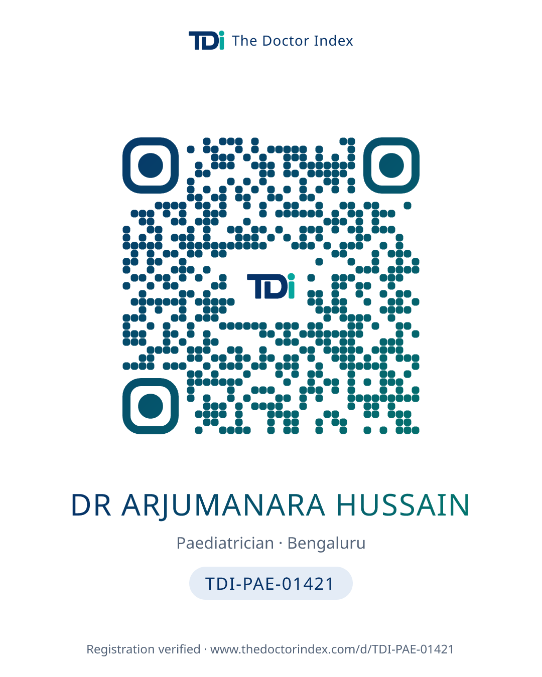 QR card for Dr Arjumanara Hussain, TDI-PAE-01421