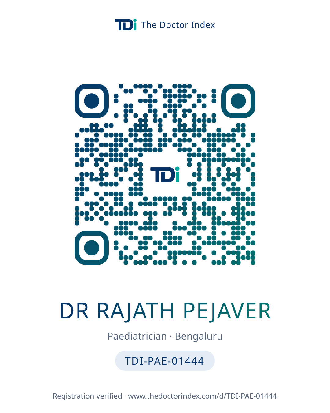 QR card for Dr Rajath Pejaver, TDI-PAE-01444