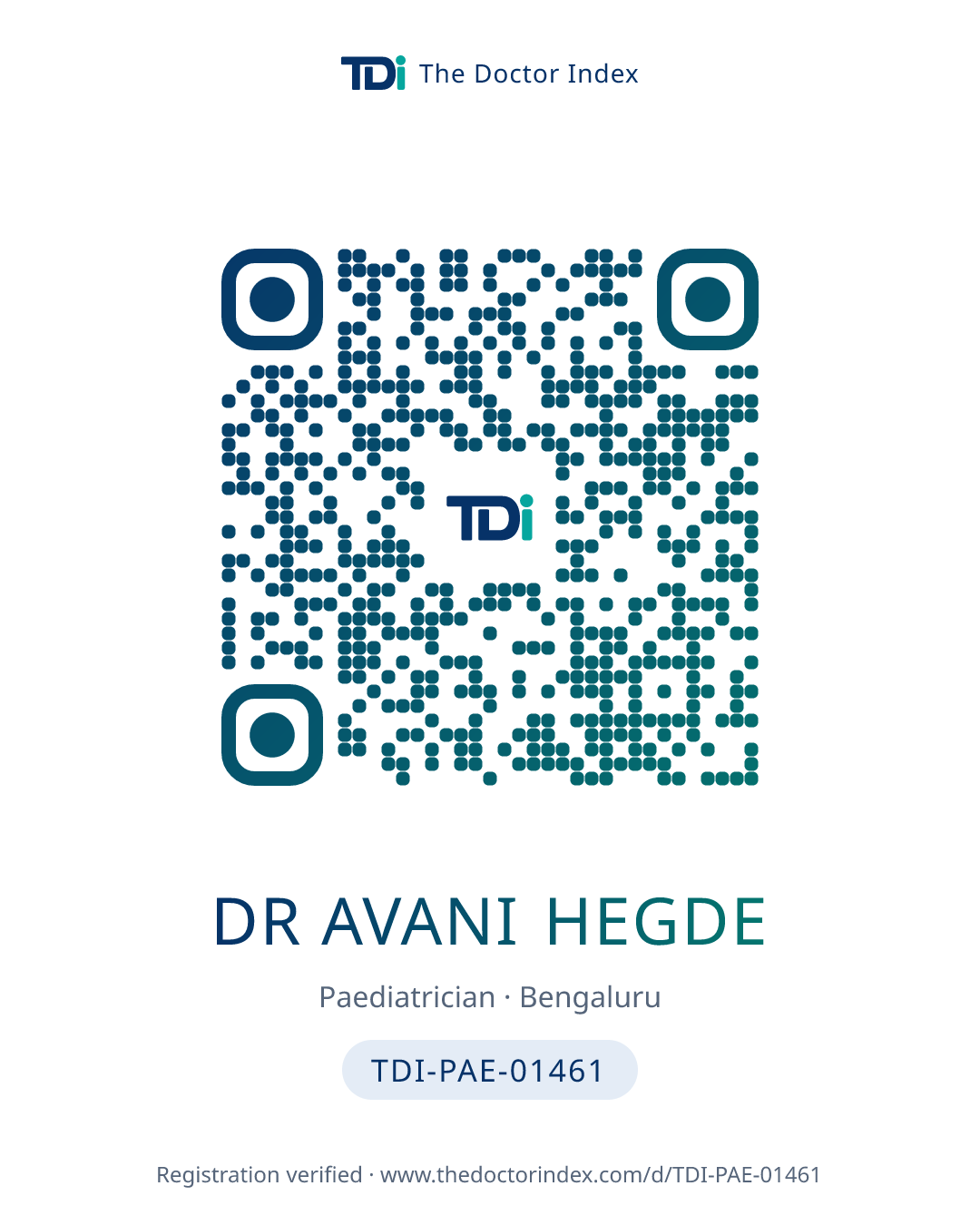 QR card for Dr Avani Hegde, TDI-PAE-01461