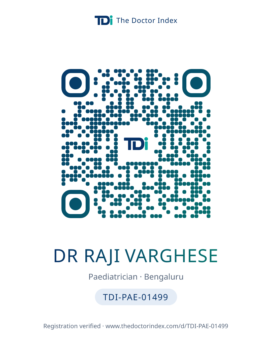 QR card for Dr Raji Varghese, TDI-PAE-01499