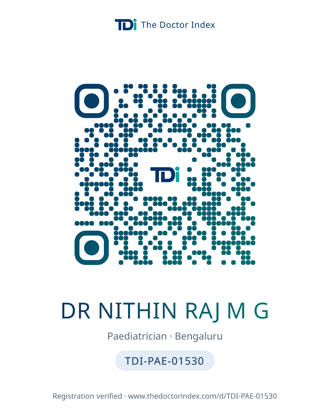 QR card for Dr Nithin Raj M G, TDI-PAE-01530