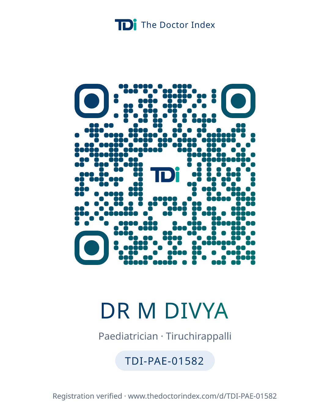 QR card for Dr M Divya, TDI-PAE-01582
