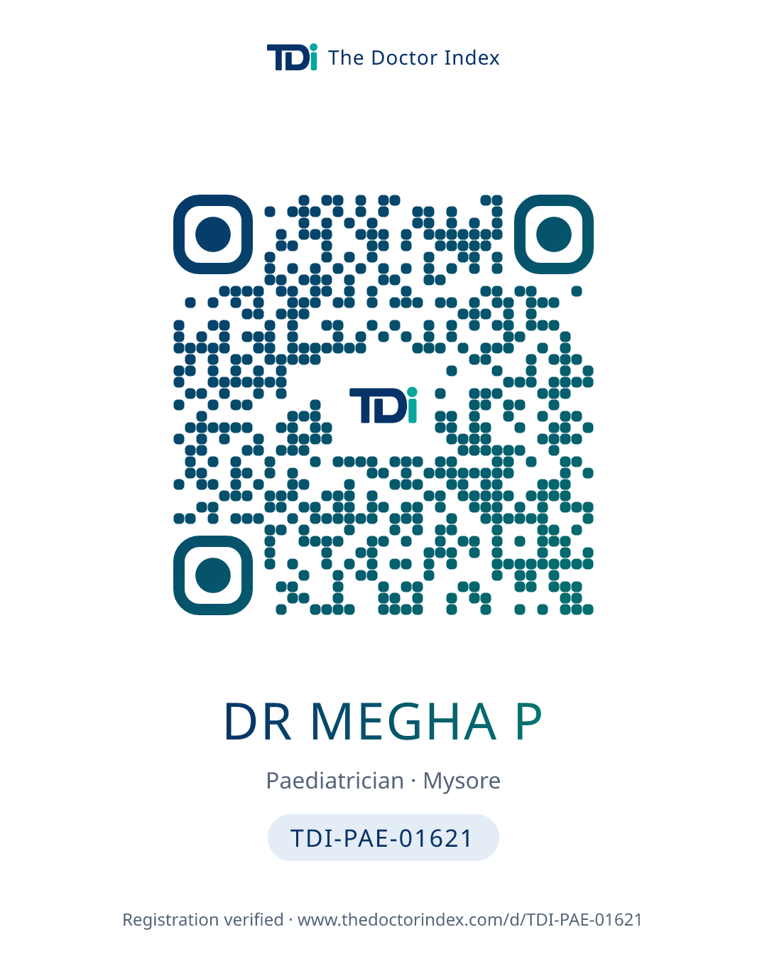 QR card for Dr megha P, TDI-PAE-01621