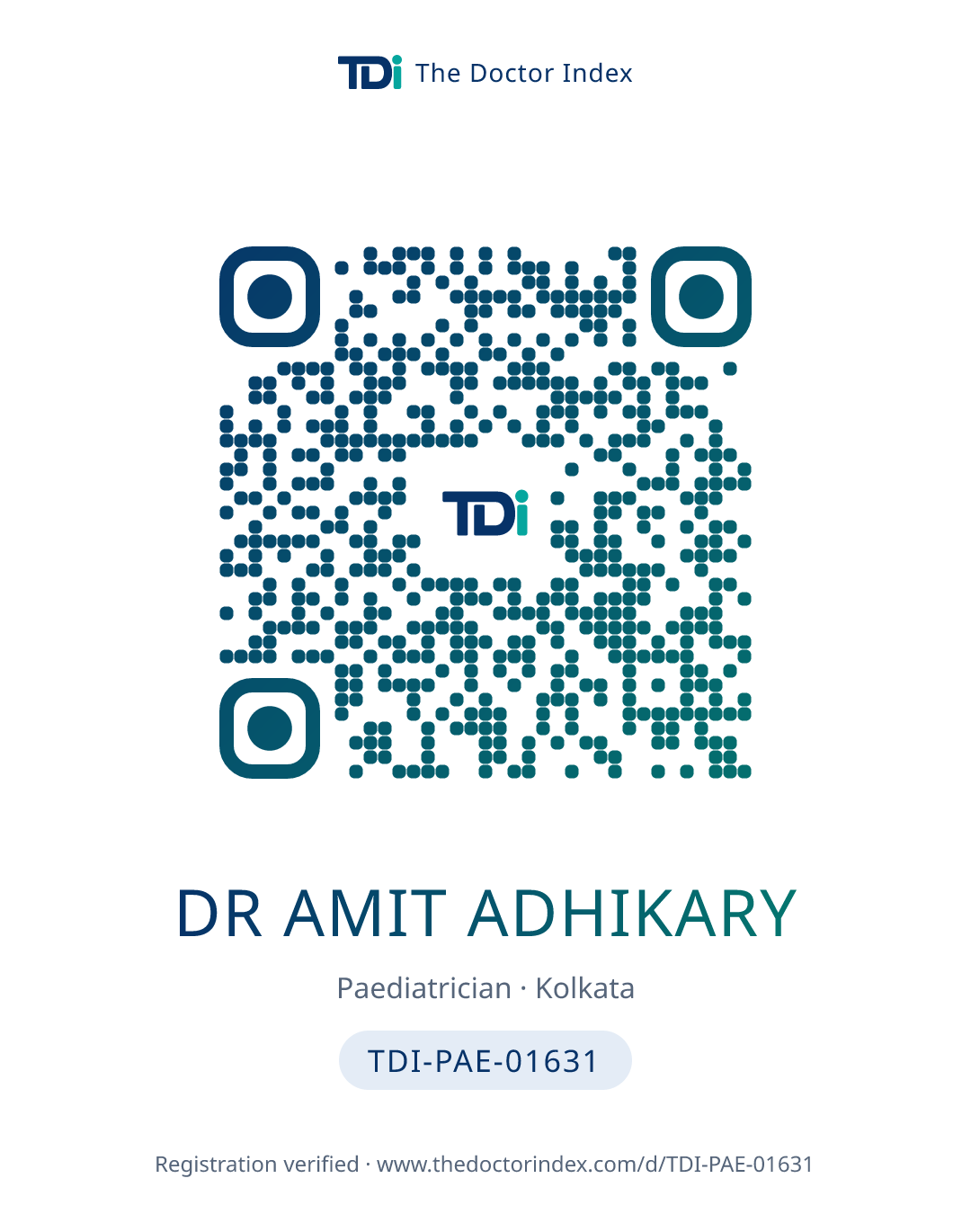 QR card for Dr Amit Adhikary, TDI-PAE-01631