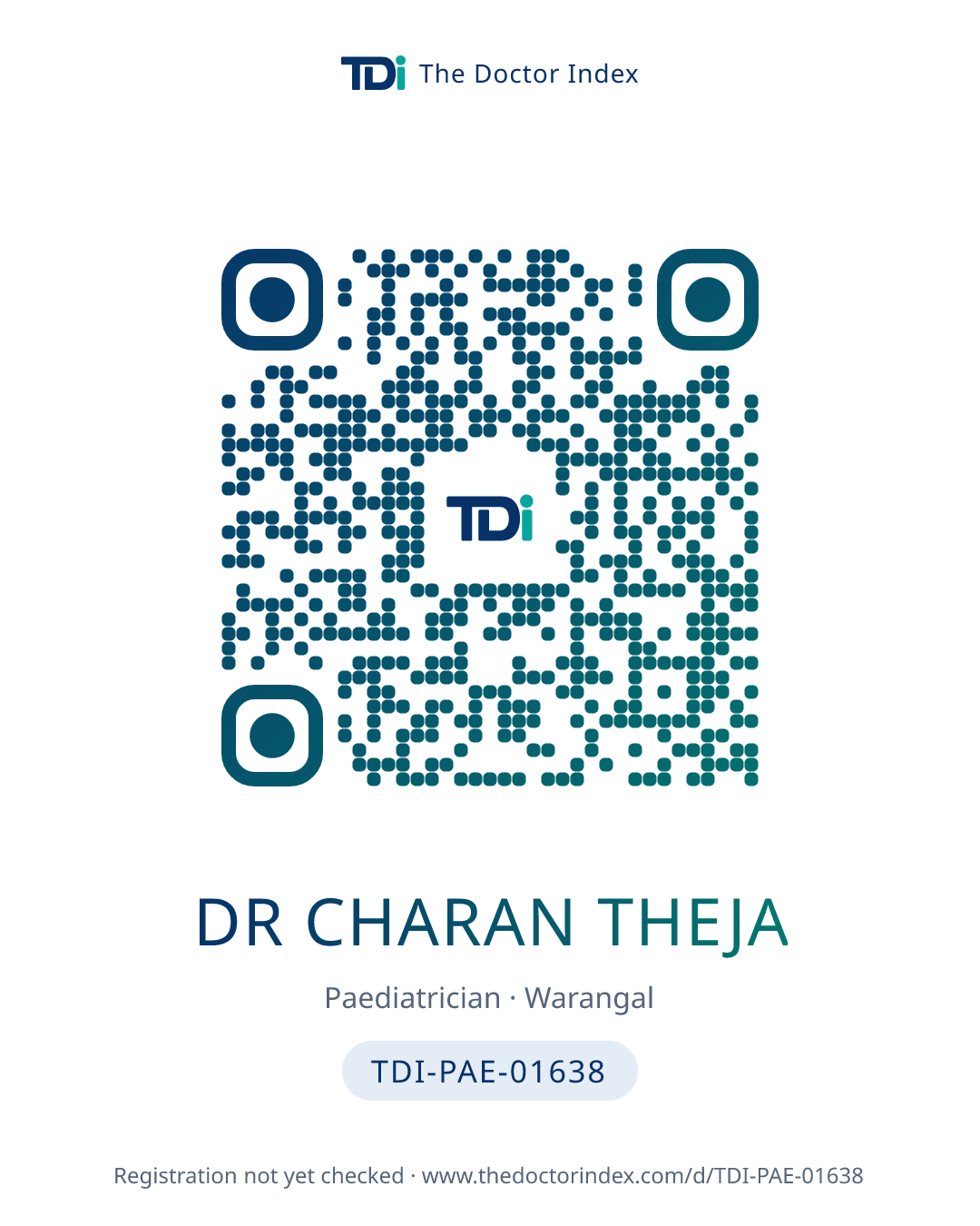 QR card for Dr Charan Theja, TDI-PAE-01638