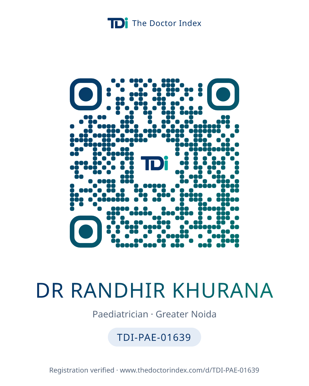 QR card for Dr Randhir Khurana, TDI-PAE-01639