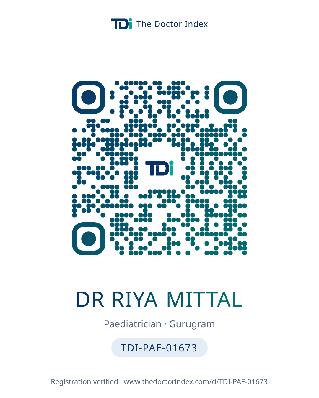 QR card for Dr Riya Mittal, TDI-PAE-01673