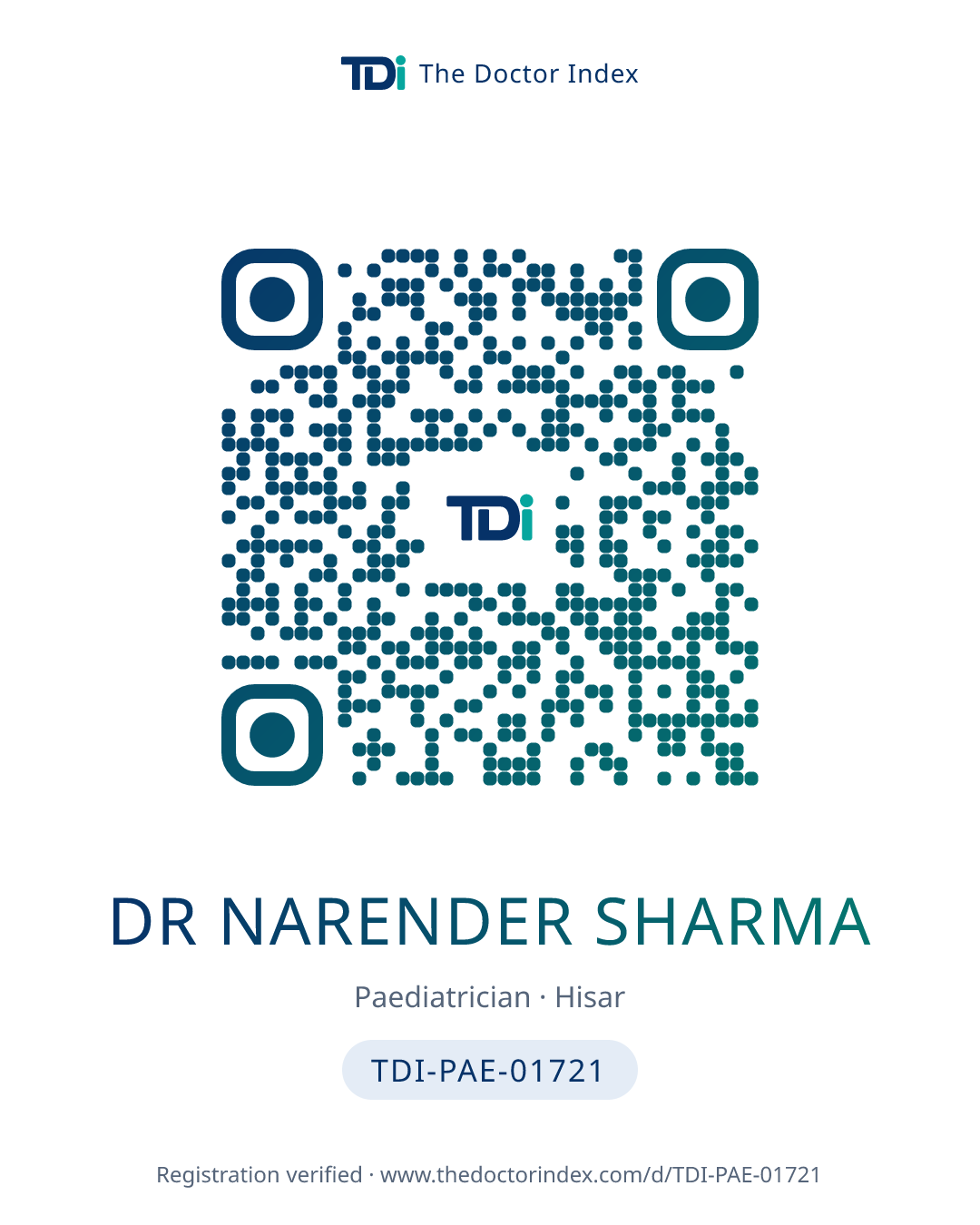 QR card for Dr Narender Sharma, TDI-PAE-01721