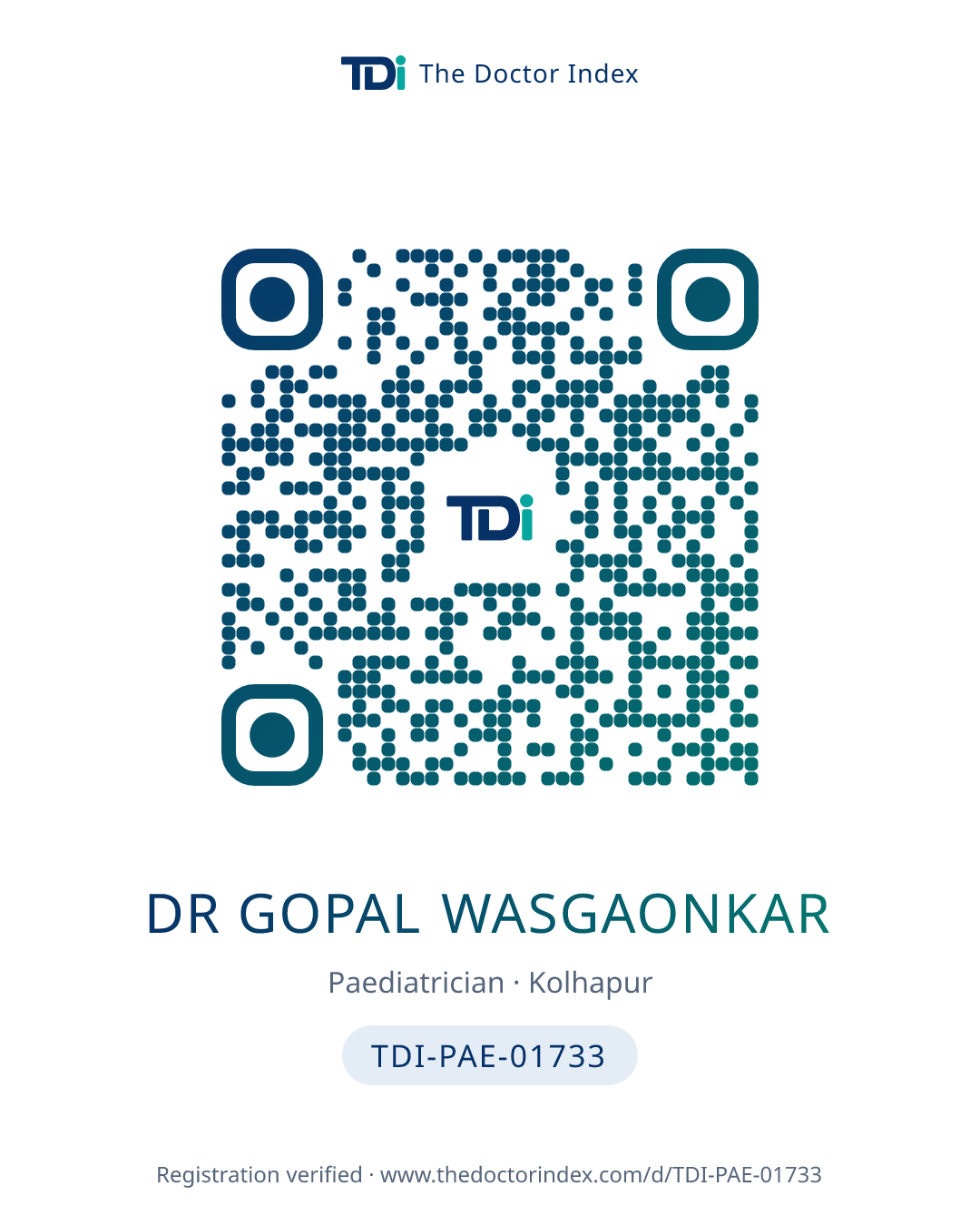 QR card for Dr Gopal Wasgaonkar, TDI-PAE-01733