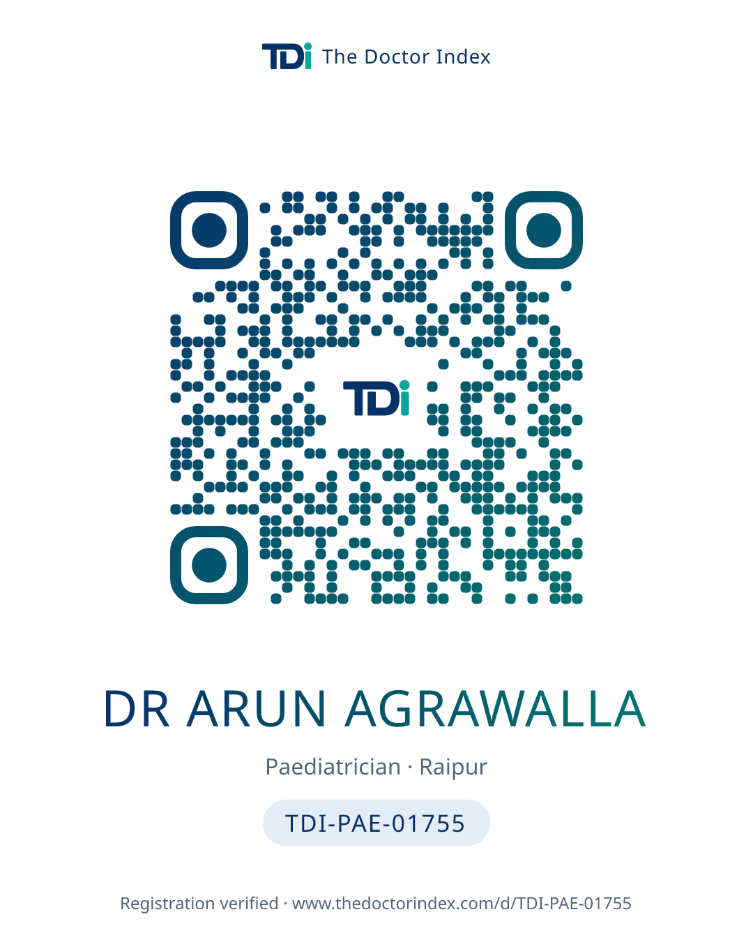 QR card for Dr Arun Agrawalla, TDI-PAE-01755