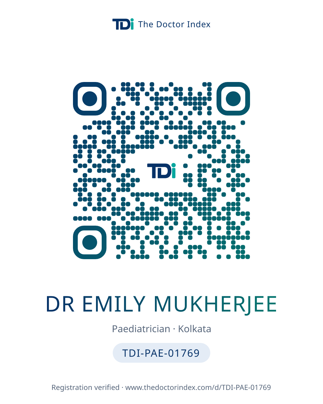 QR card for Dr Emily Mukherjee, TDI-PAE-01769