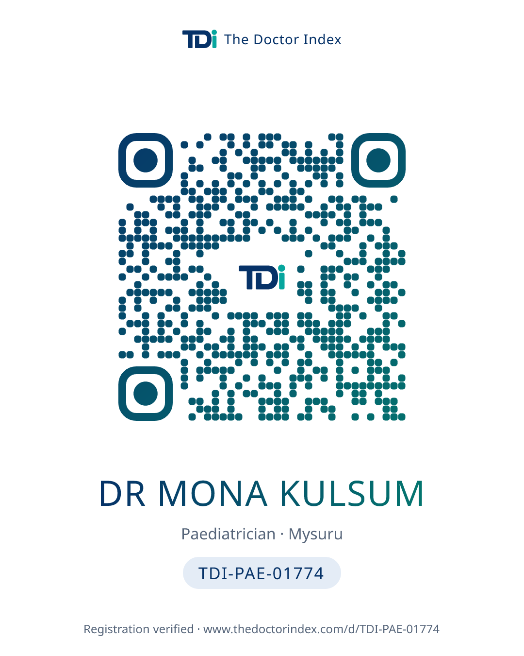 QR card for Dr Mona Kulsum, TDI-PAE-01774