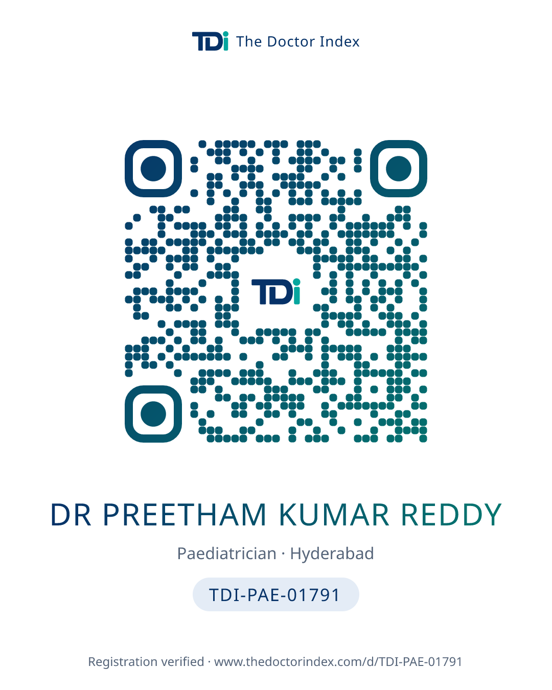 QR card for Dr Preetham Kumar Reddy, TDI-PAE-01791