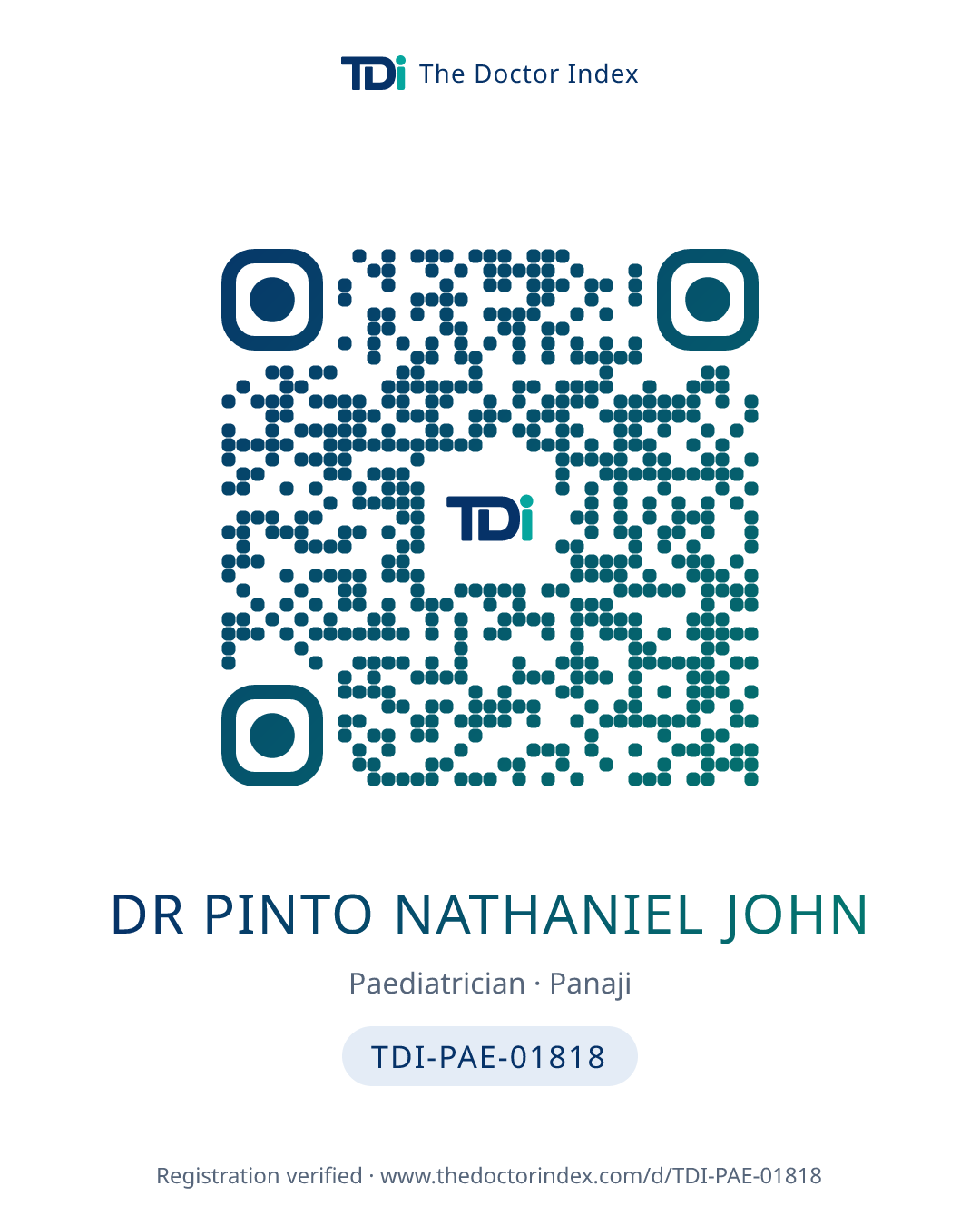 QR card for Dr Pinto Nathaniel John, TDI-PAE-01818