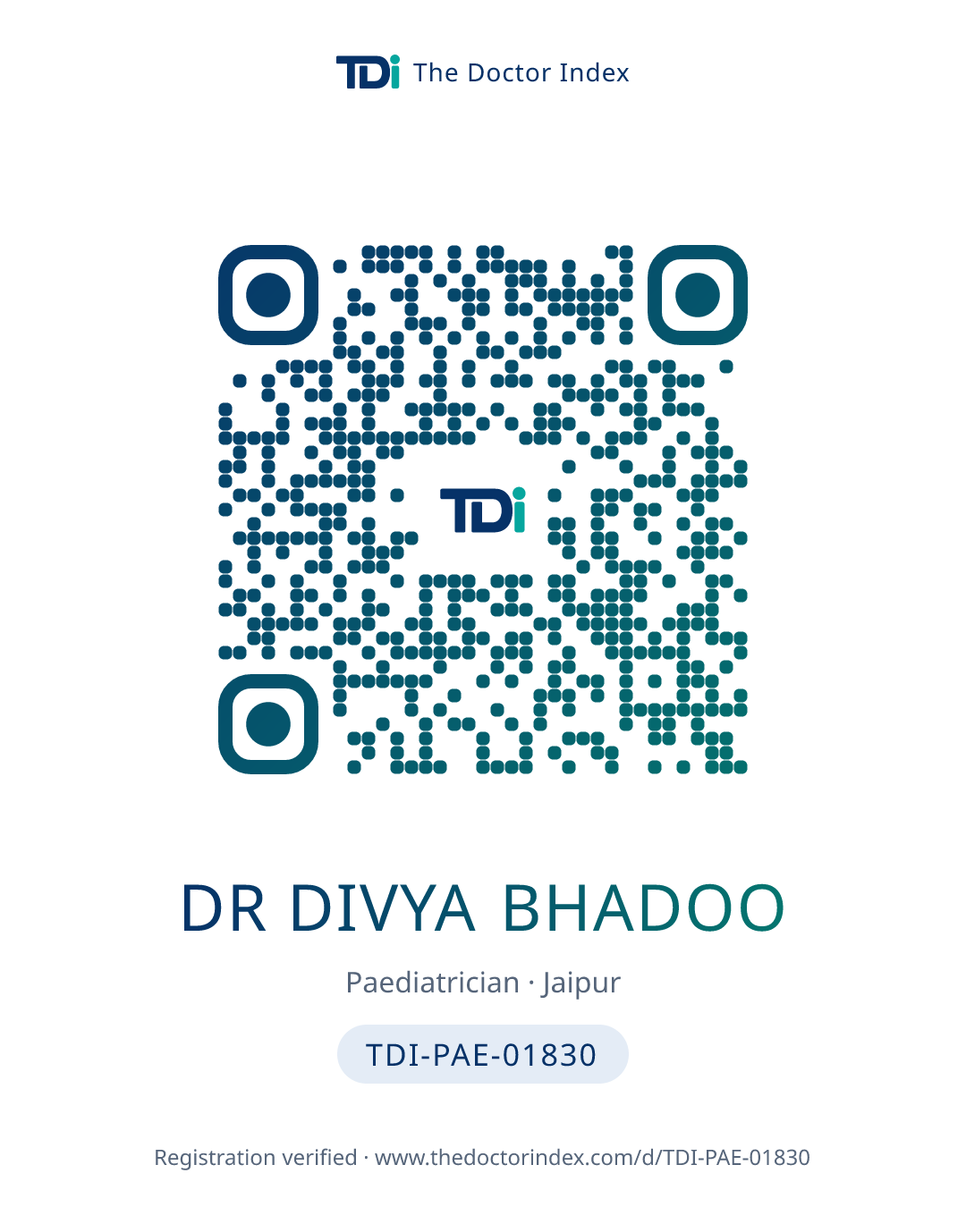 QR card for Dr Divya Bhadoo, TDI-PAE-01830