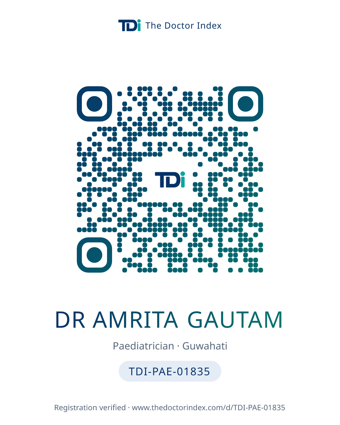 QR card for Dr Amrita Gautam, TDI-PAE-01835