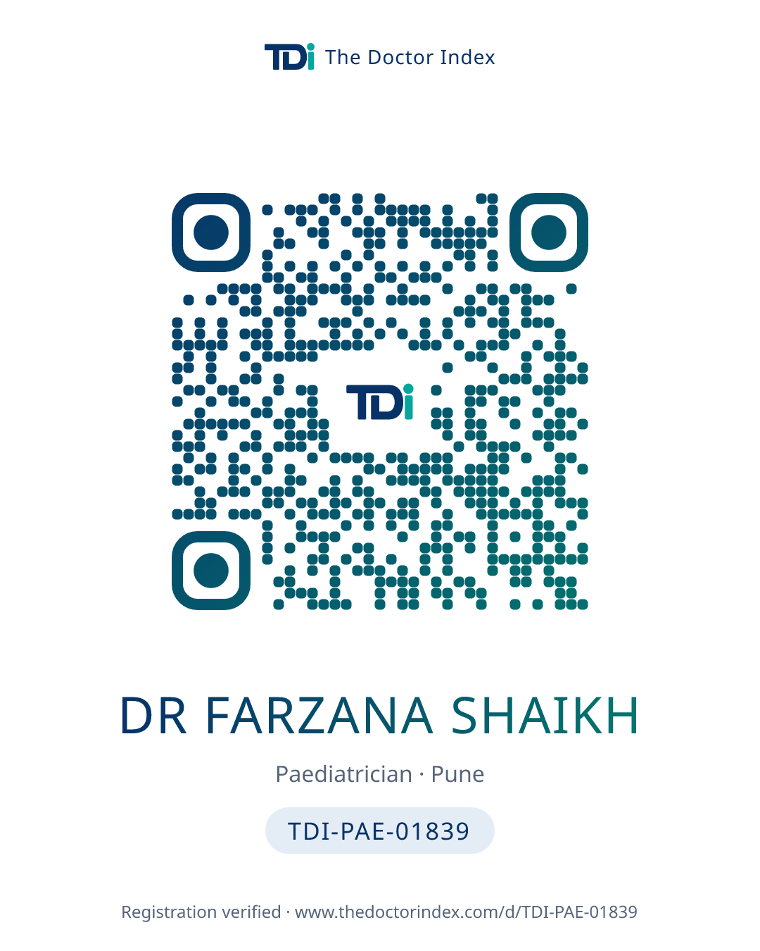 QR card for Dr Farzana Shaikh, TDI-PAE-01839