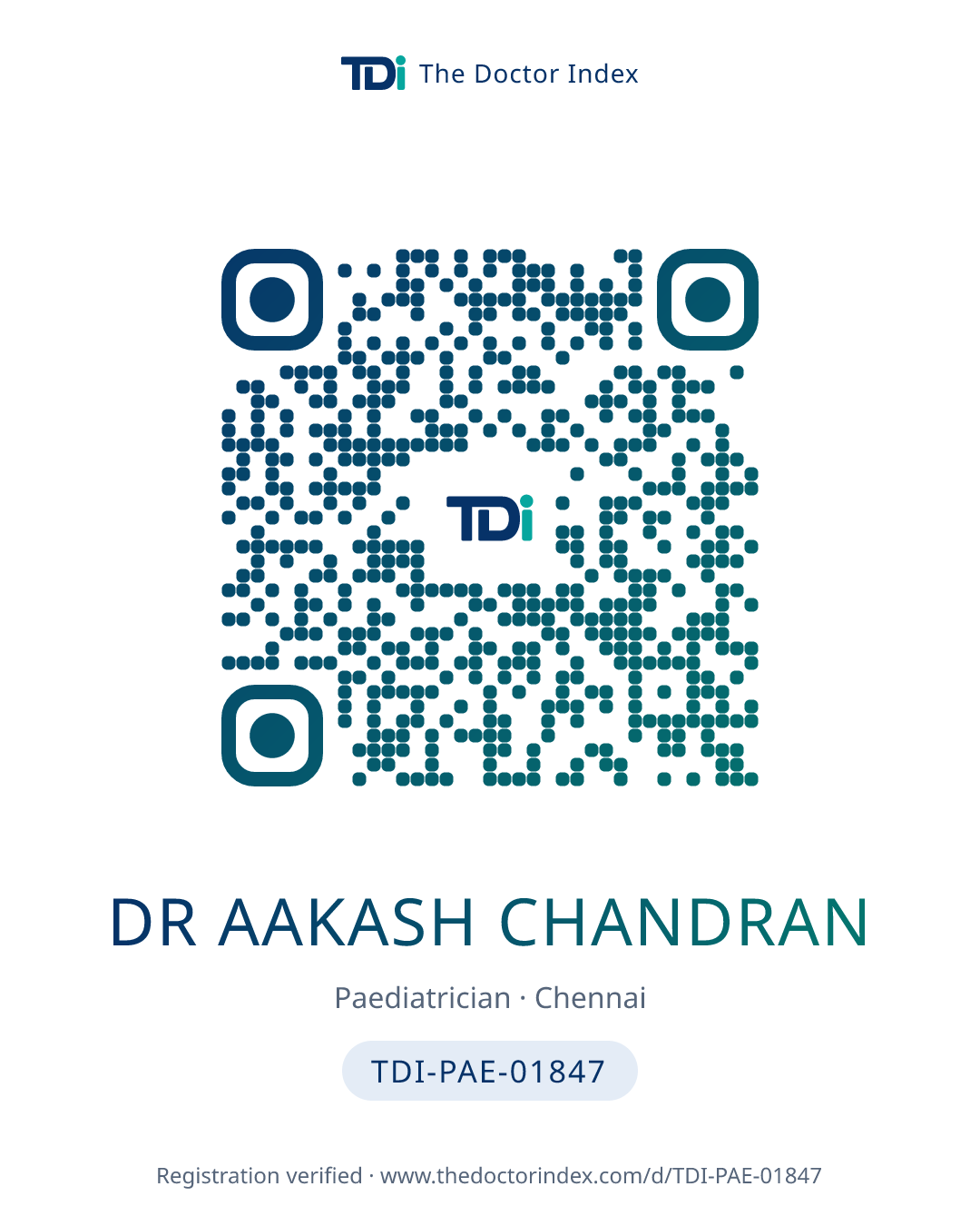 QR card for Dr Aakash Chandran, TDI-PAE-01847