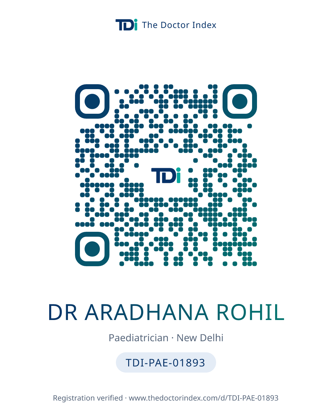 QR card for Dr Aradhana Rohil, TDI-PAE-01893