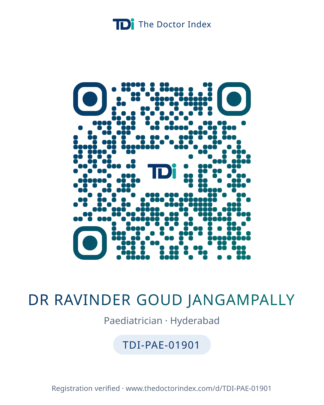 QR card for Dr Ravinder Goud Jangampally, TDI-PAE-01901