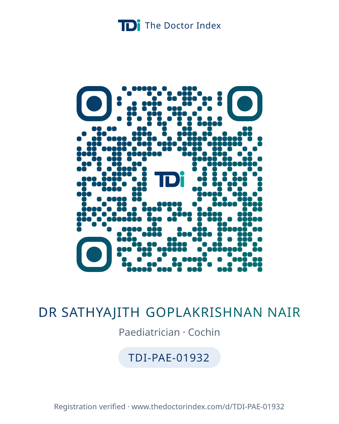 QR card for Dr Sathyajith Goplakrishnan Nair, TDI-PAE-01932