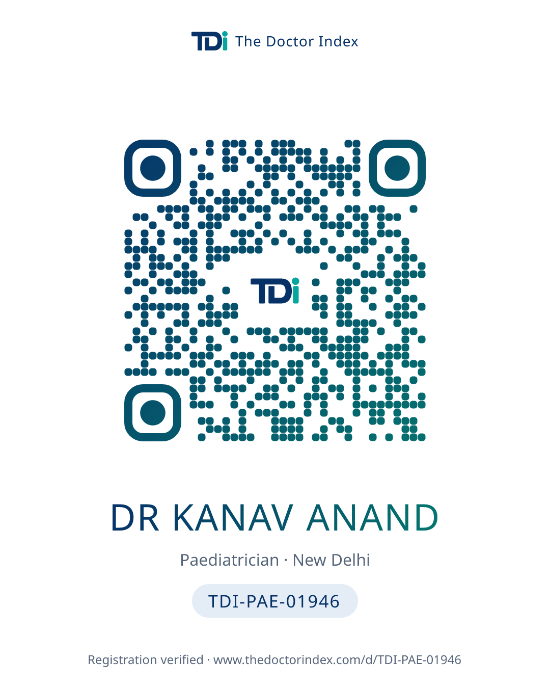 QR card for Dr Kanav Anand, TDI-PAE-01946
