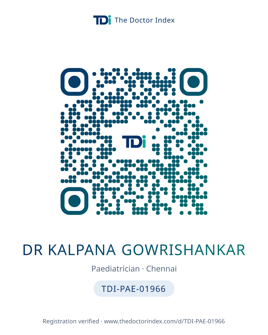 QR card for Dr Kalpana Gowrishankar, TDI-PAE-01966