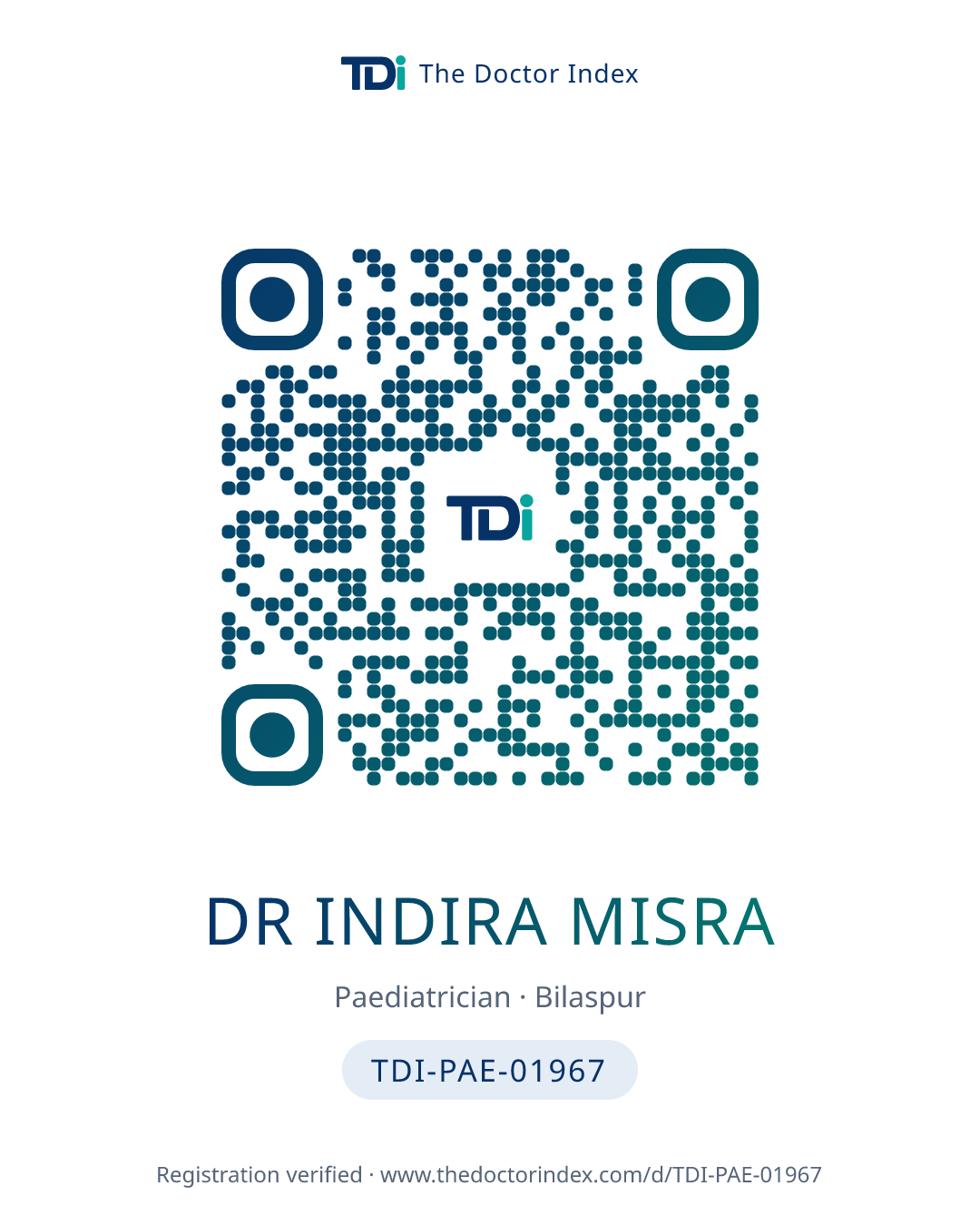QR card for Dr Indira Misra, TDI-PAE-01967