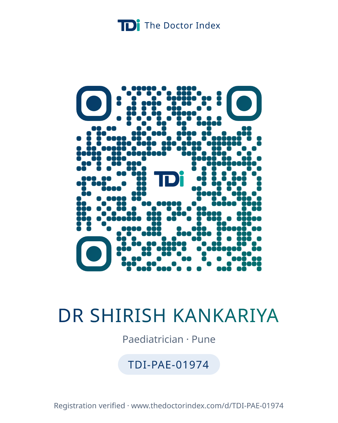 QR card for Dr Shirish Kankariya, TDI-PAE-01974