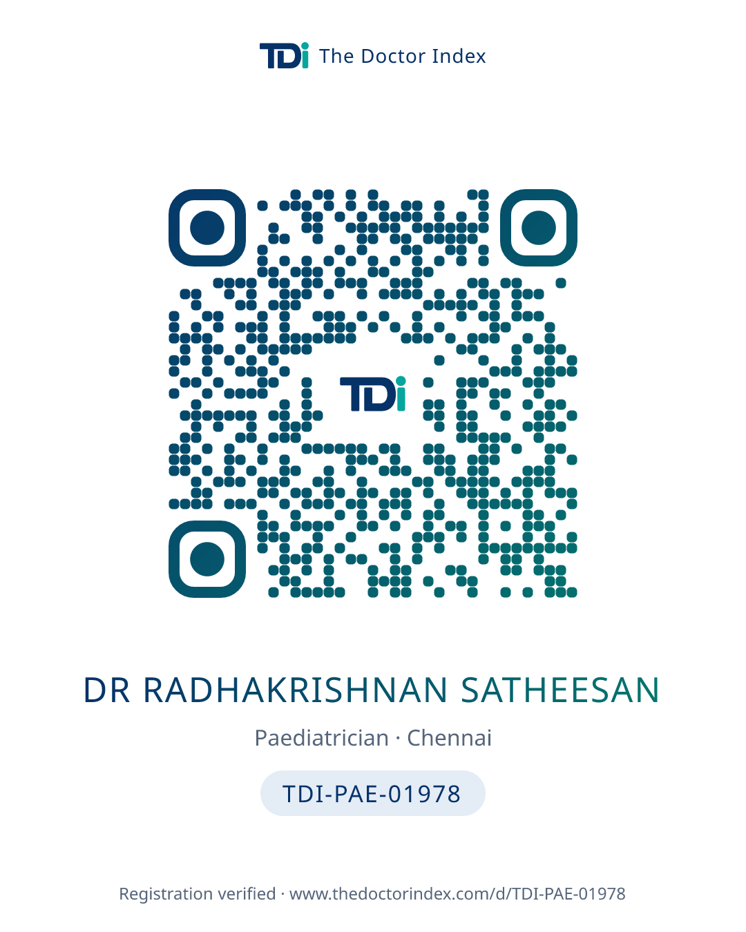 QR card for Dr Radhakrishnan Satheesan, TDI-PAE-01978