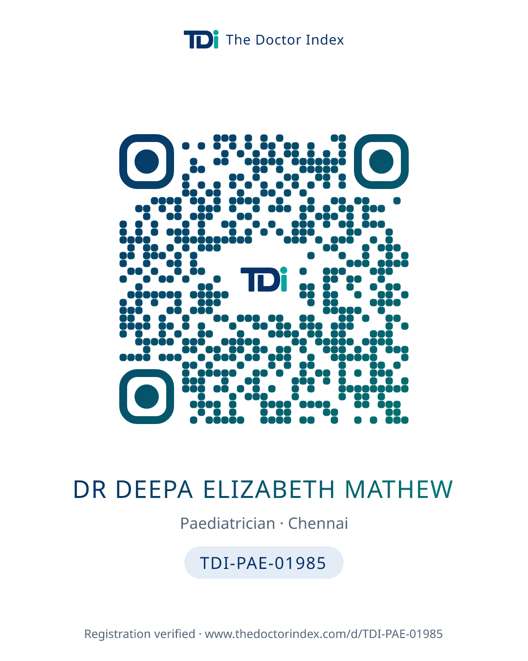 QR card for Dr Deepa Elizabeth Mathew, TDI-PAE-01985