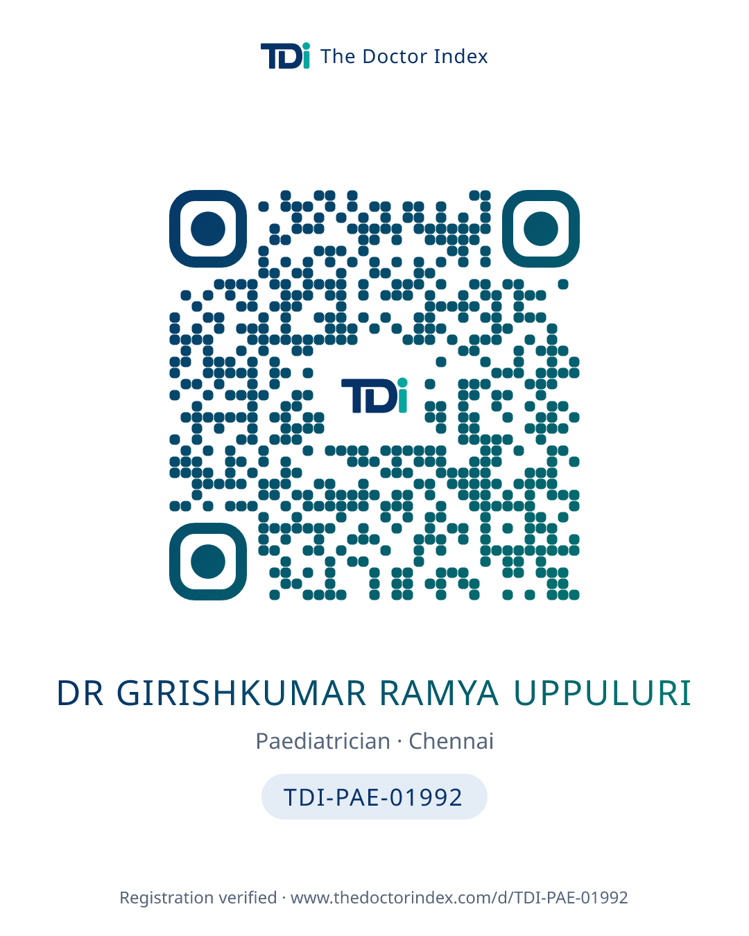 QR card for Dr Girishkumar Ramya Uppuluri, TDI-PAE-01992