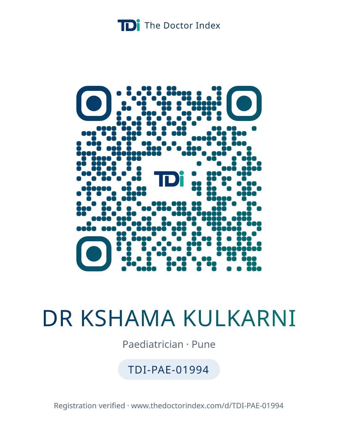 QR card for Dr Kshama Kulkarni, TDI-PAE-01994