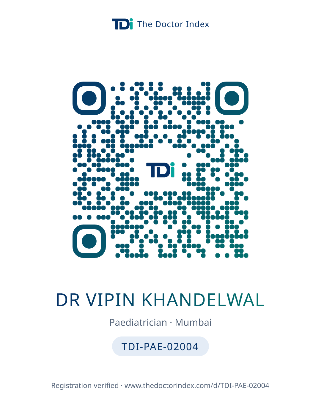 QR card for Dr Vipin Khandelwal, TDI-PAE-02004