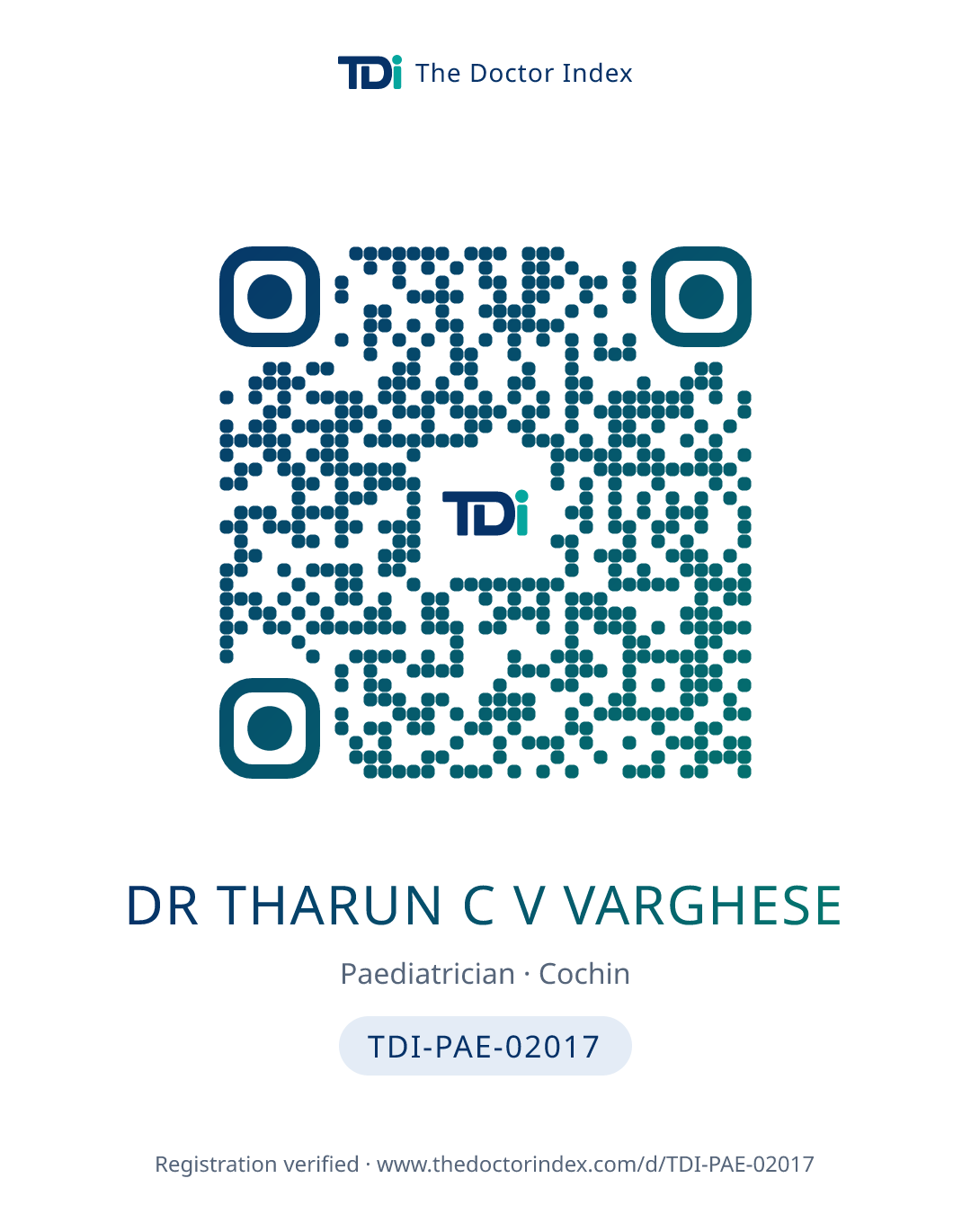 QR card for Dr Tharun C V Varghese, TDI-PAE-02017