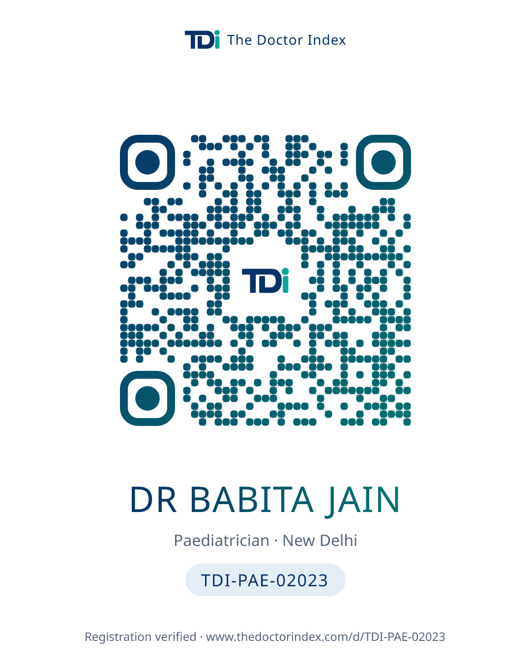 QR card for Dr Babita Jain, TDI-PAE-02023