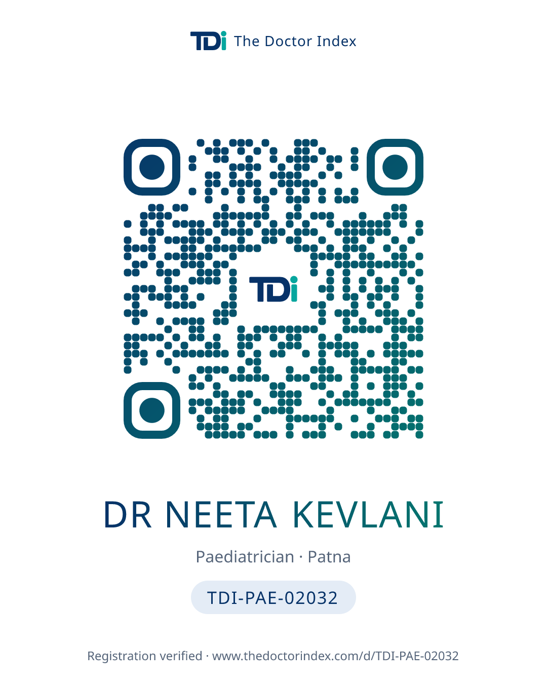 QR card for Dr Neeta Kevlani, TDI-PAE-02032
