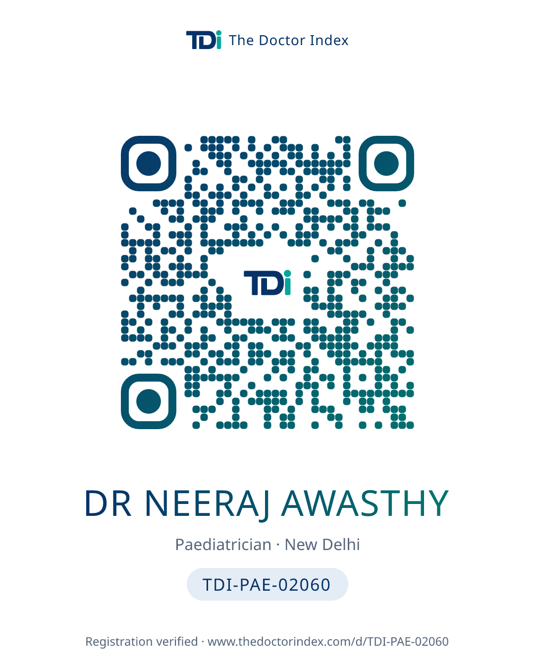 QR card for Dr Neeraj Awasthy, TDI-PAE-02060