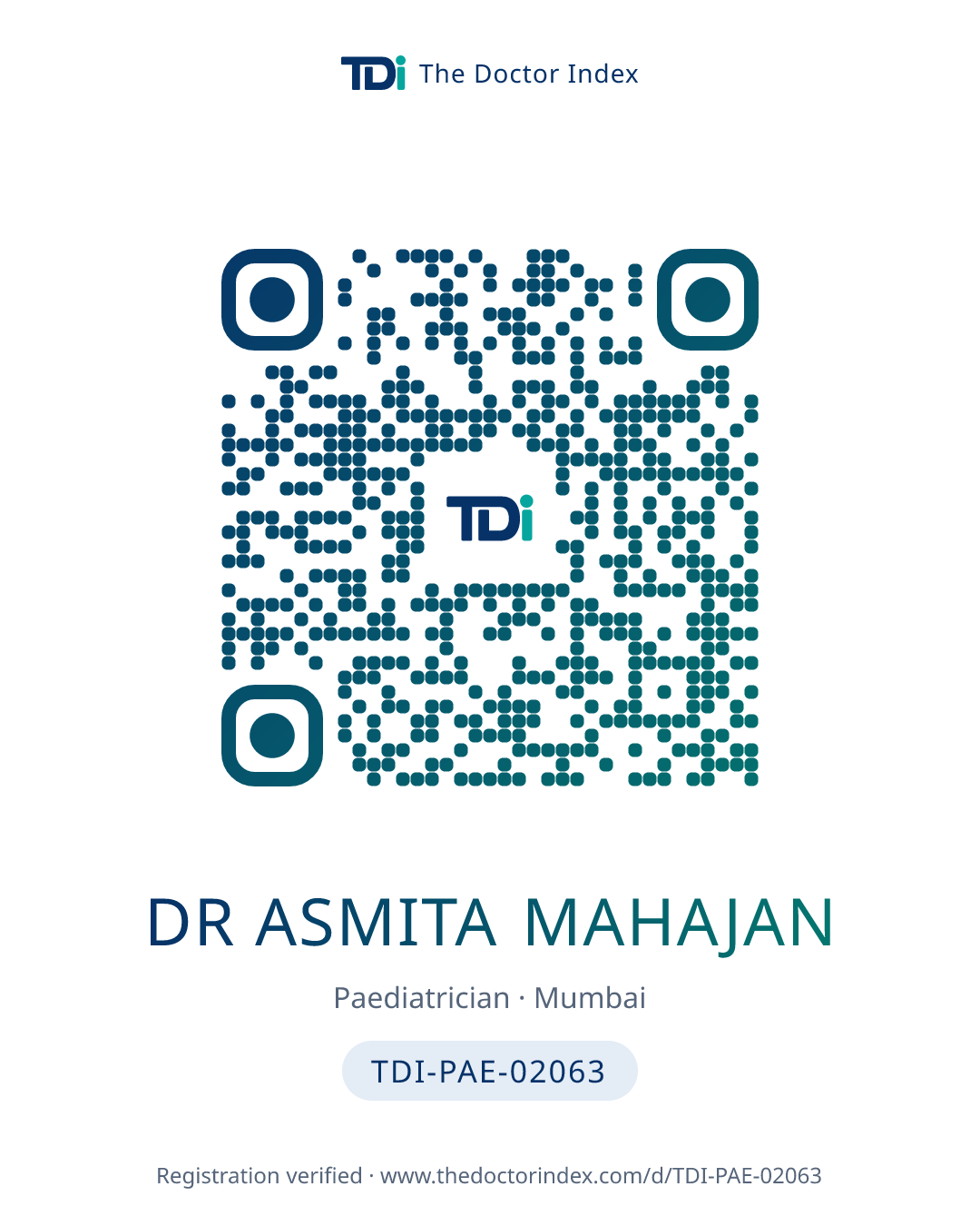 QR card for Dr Asmita Mahajan, TDI-PAE-02063
