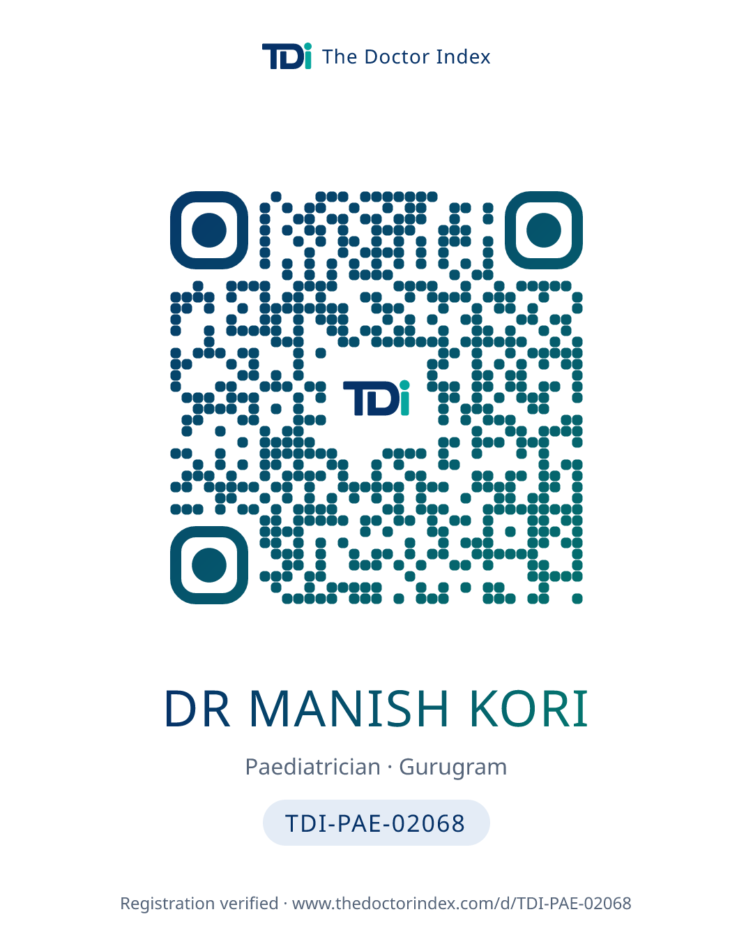 QR card for Dr Manish Kori, TDI-PAE-02068