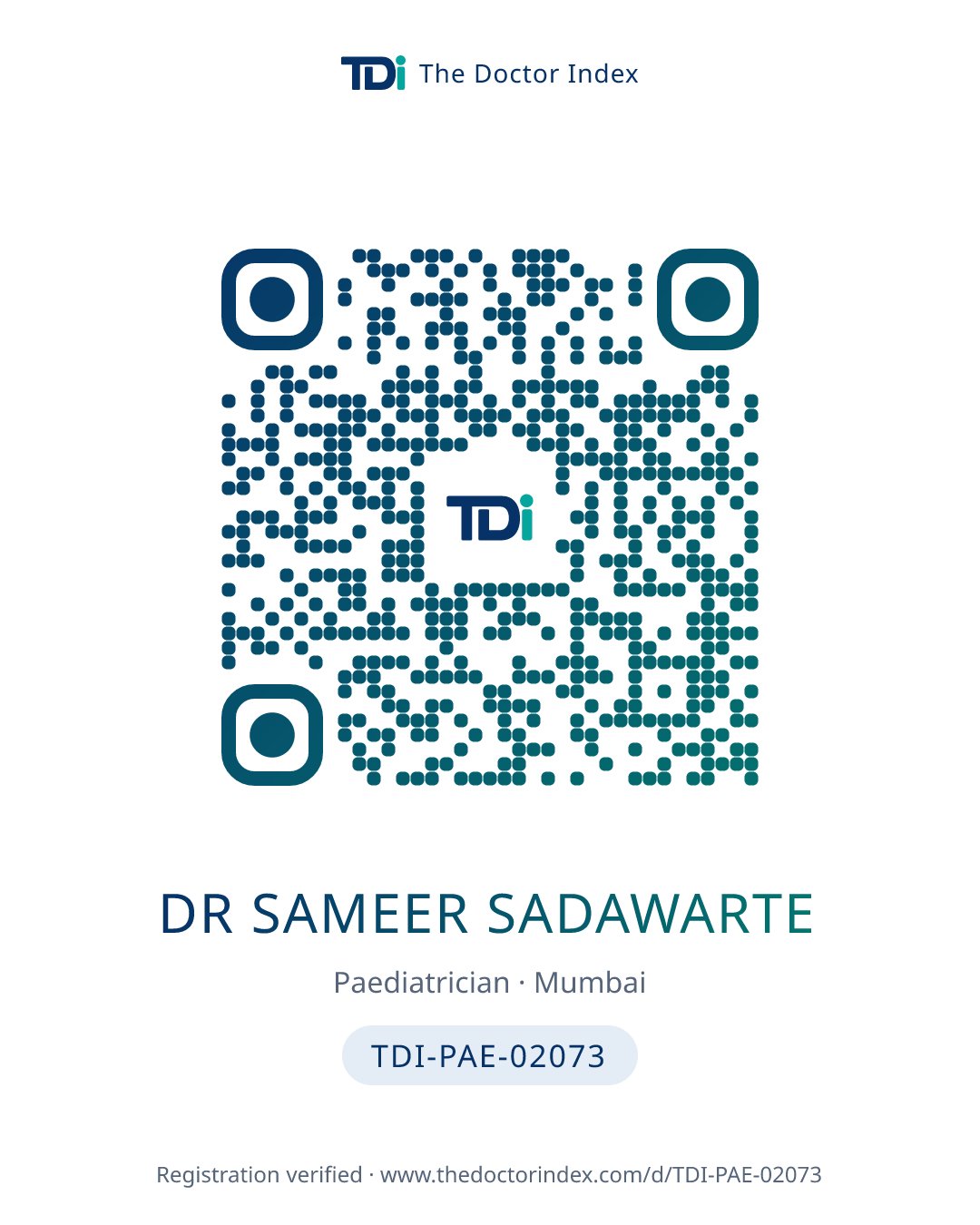 QR card for Dr Sameer Sadawarte, TDI-PAE-02073