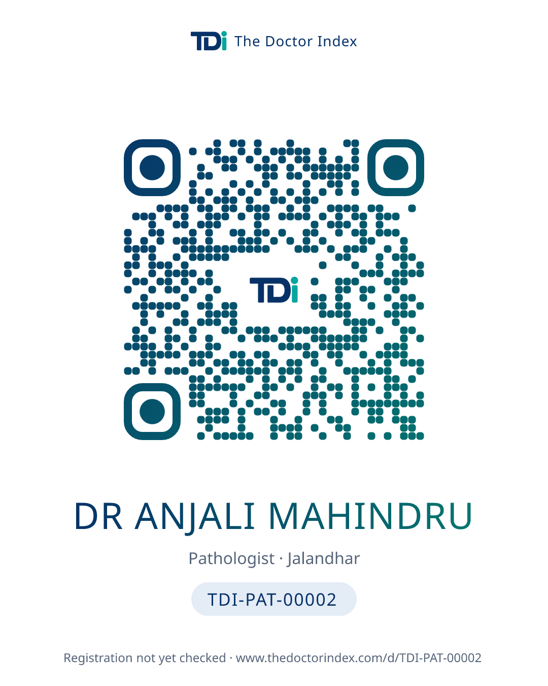 QR card for Dr Anjali Mahindru, TDI-PAT-00002
