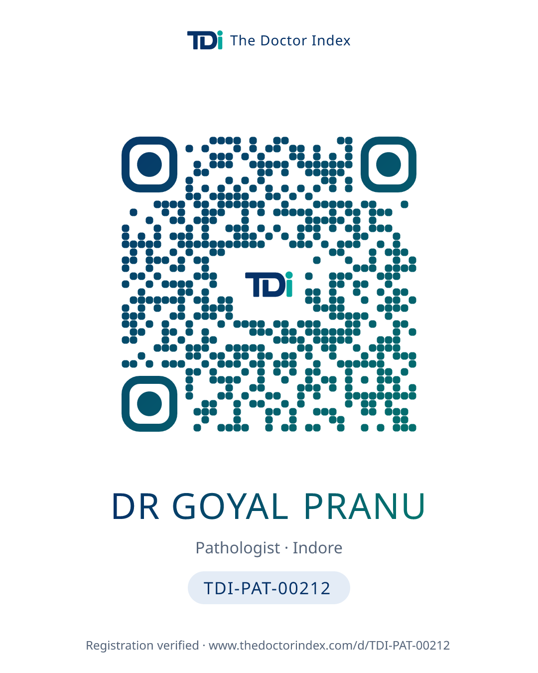 QR card for Dr Goyal Pranu, TDI-PAT-00212