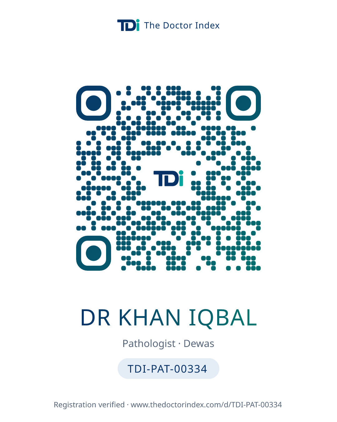 QR card for Dr Khan Iqbal, TDI-PAT-00334