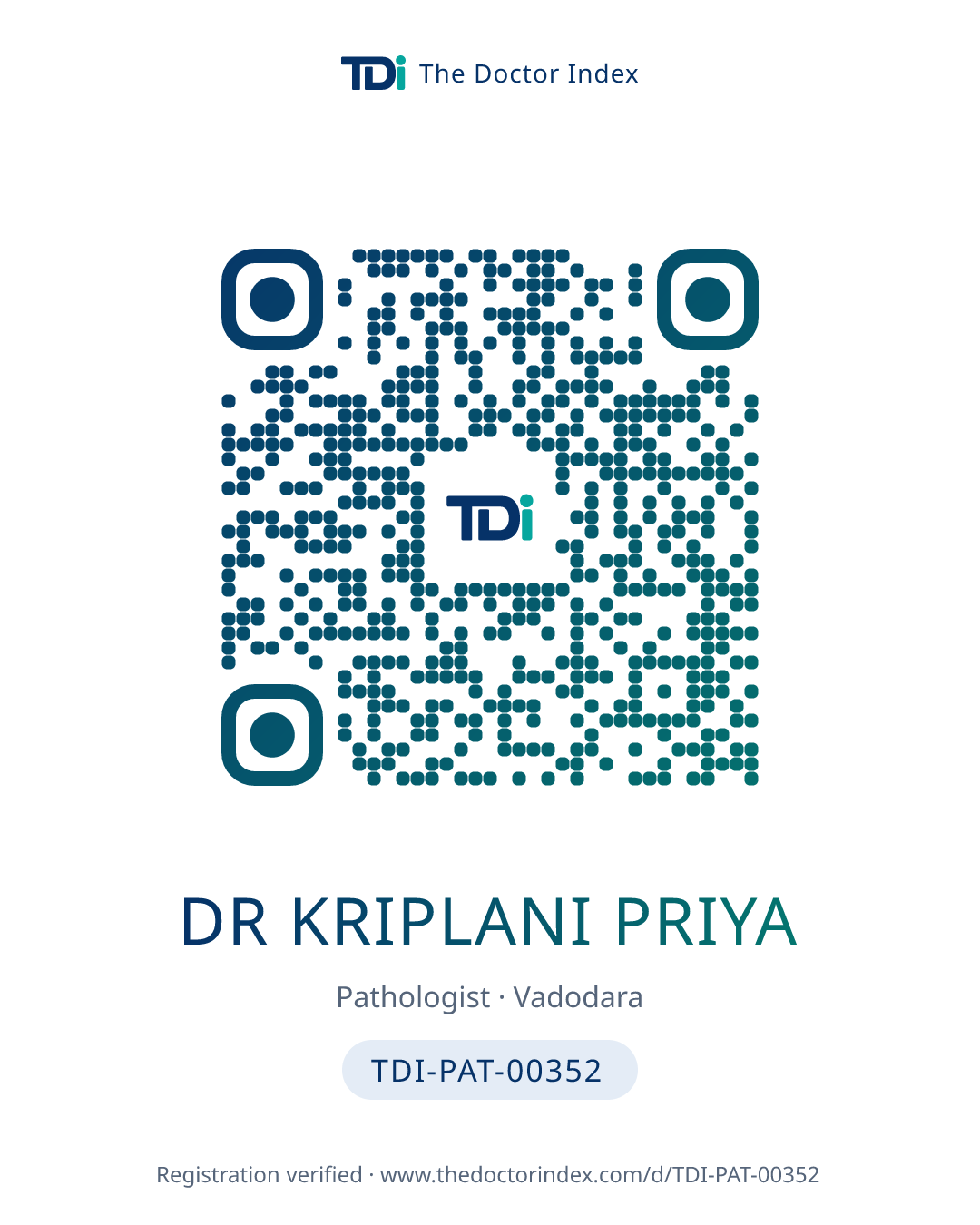 QR card for Dr Kriplani Priya, TDI-PAT-00352