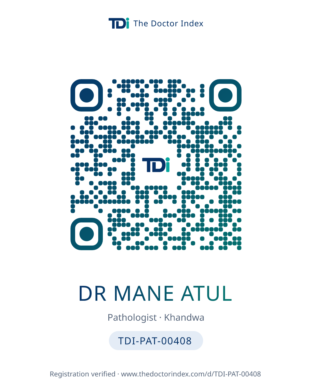 QR card for Dr Mane Atul, TDI-PAT-00408