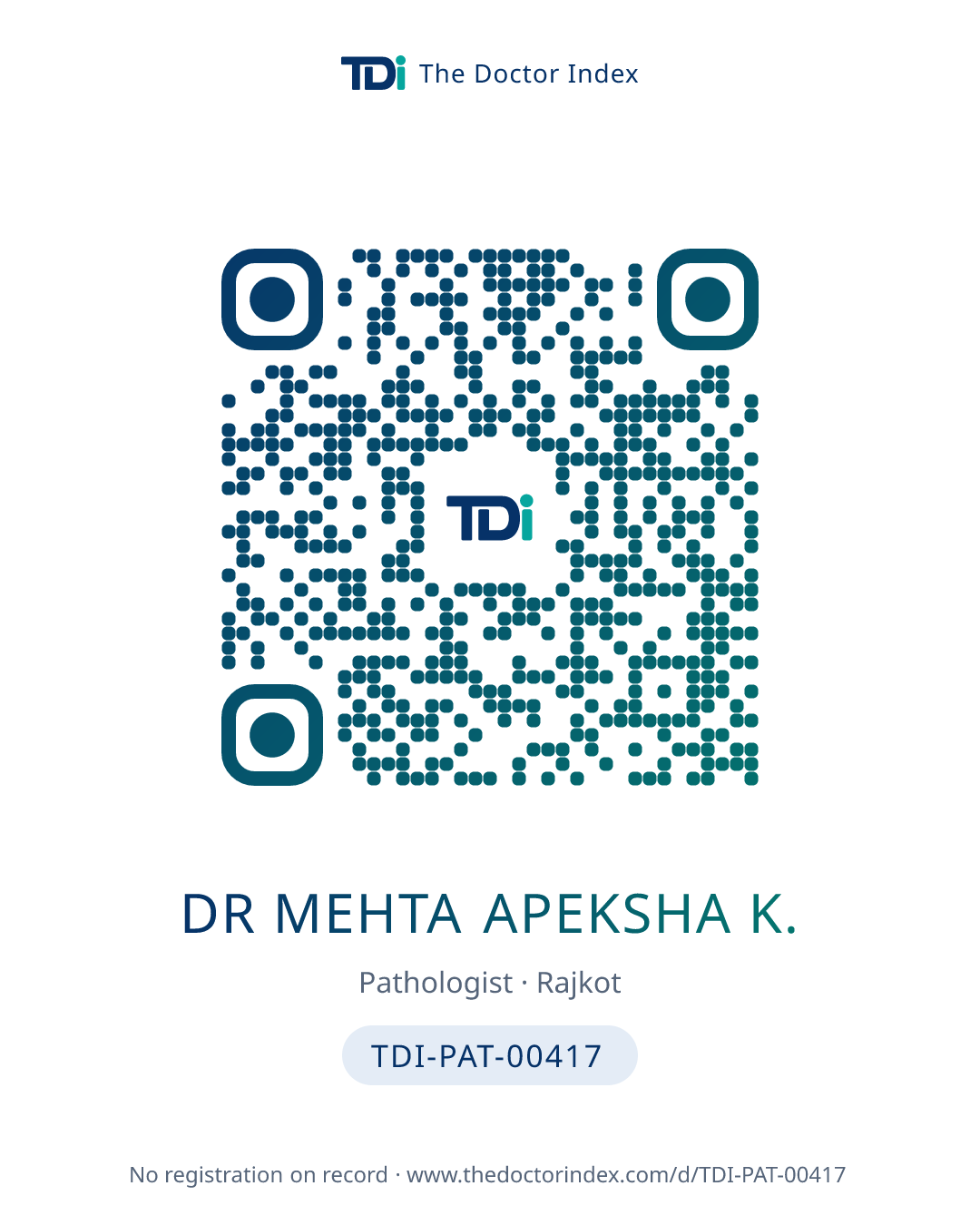 QR card for Dr Mehta Apeksha K., TDI-PAT-00417
